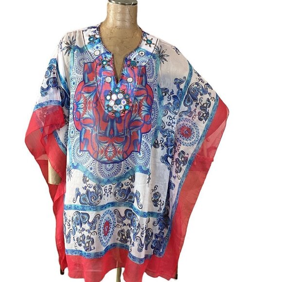 Colorful Sheer Poncho Kimono Kaftan Beach Cover-up Top Sz L by Kristals #253H - Picture 1 of 7